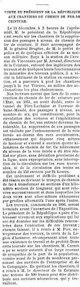Article décrivant la visite du Président de la République aux chantiers du Chemin de fer de Ceinture le 14 décembre 1888. 