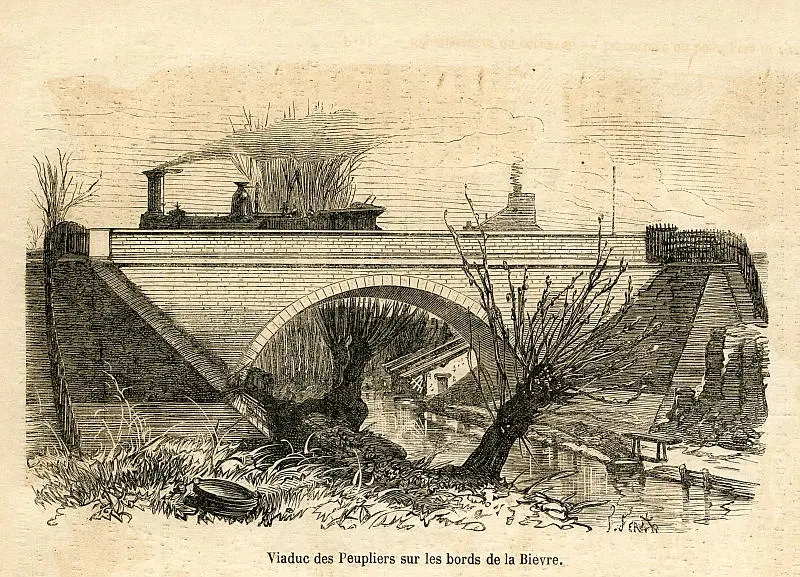 Le pont de la rue de l'Interne Loeb au-dessus de la Bièvre en 1867 