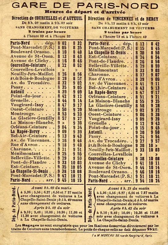 Tableau des horaires du service circulaire de la gare du Nord (entre 1895 et 1900) 