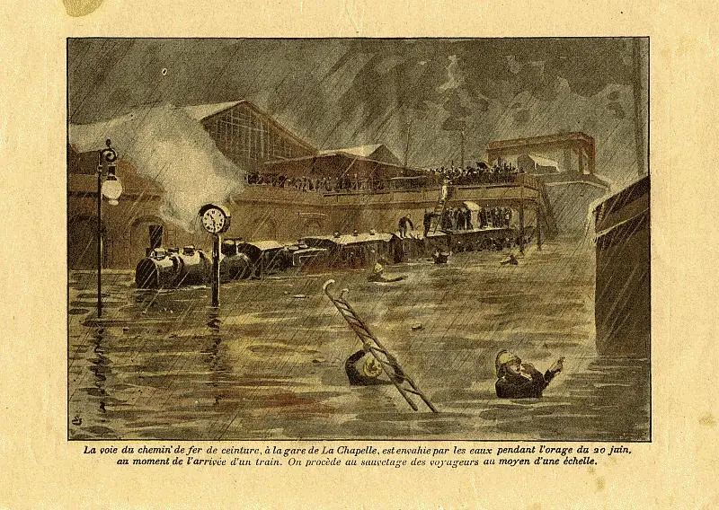 Illustration de l'inondation de la station La Chapelle-Saint Denis. 