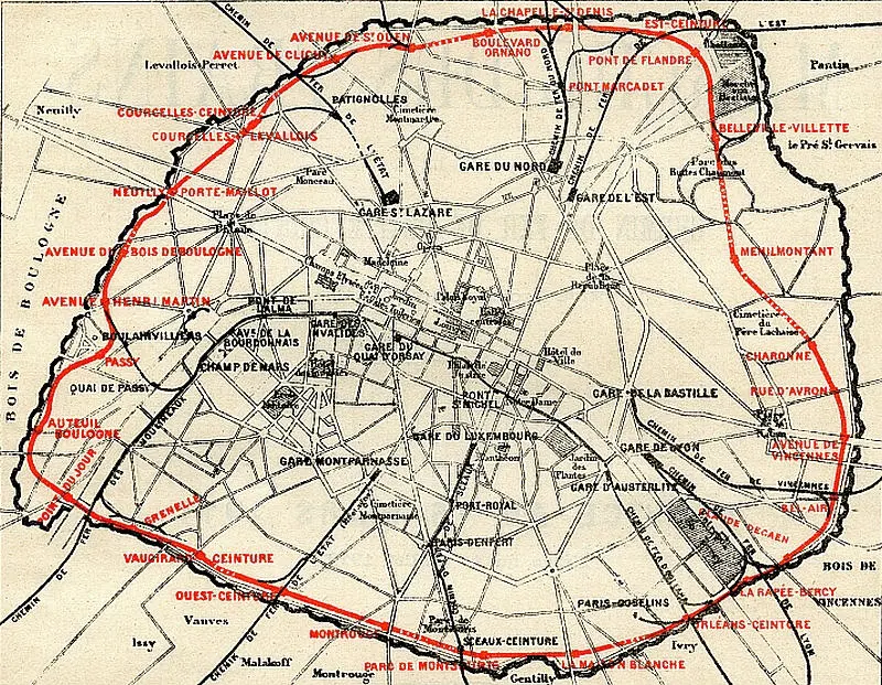 Carte du service circulaire du chemin de fer de Petite Ceinture en 1911 