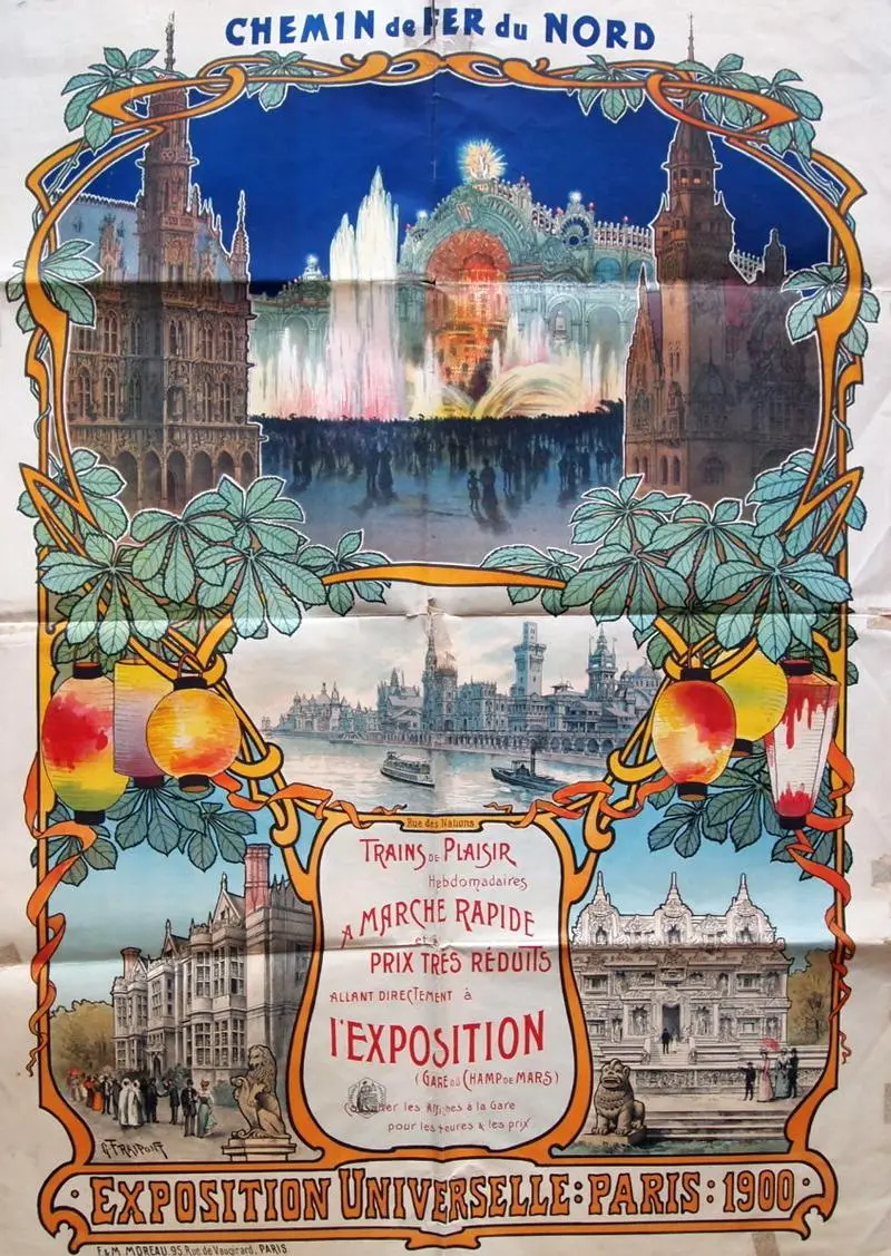 Affiche de la Compagnie du Nord vantant ses trains de plaisir sur l'Exposition. 