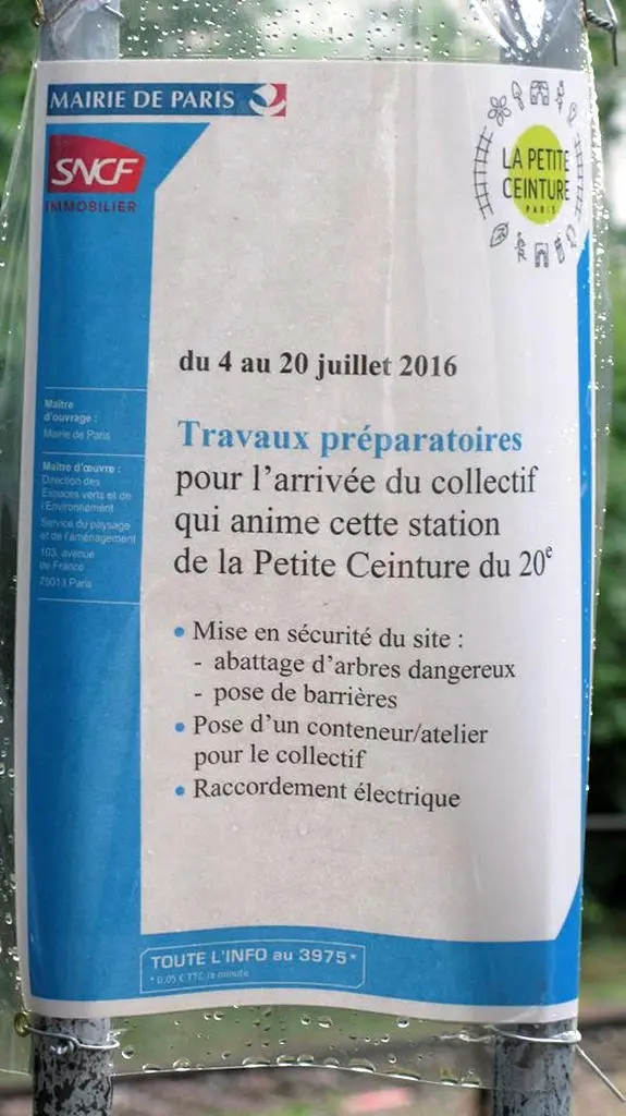 Affichette annonçant les travaux de la section du 20e arrondissement 