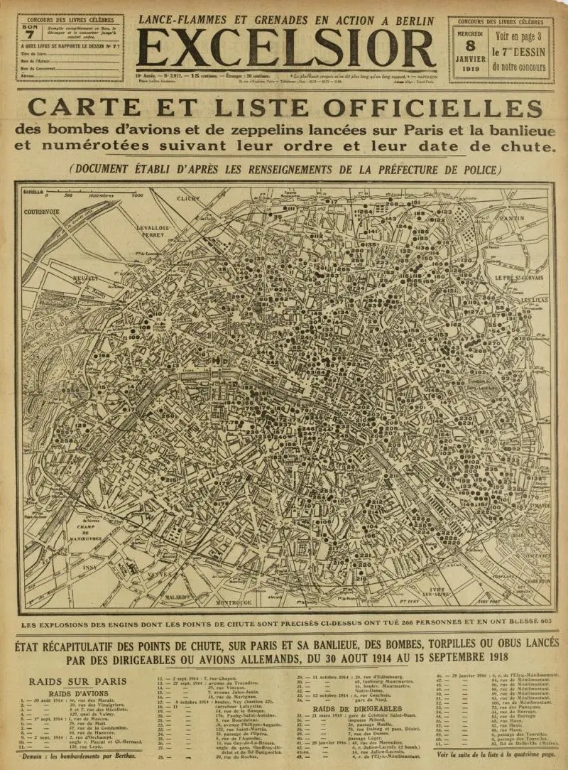 Carte des bombardements allemands sur Paris pendant la Première Guerre Mondiale 