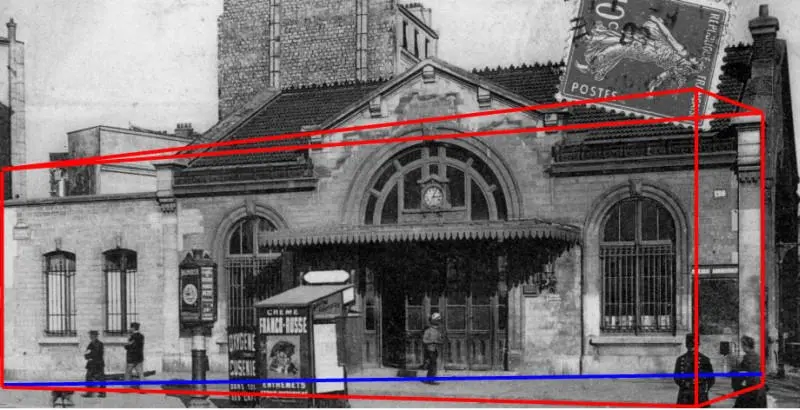 Représentation de l'extension de la gare sur l'avenue de Saint-Ouen sur une vue du bâtiment d'origine. 