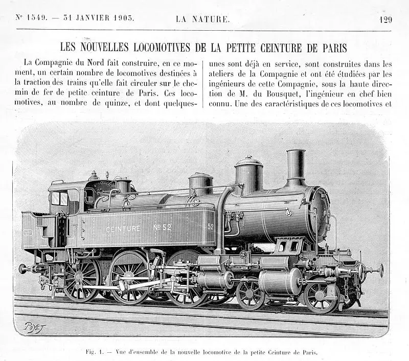 Les nouvelles locomotives de la Petite Ceinture de Paris - extrait de l'hebdomadaire La Nature en 1903. 