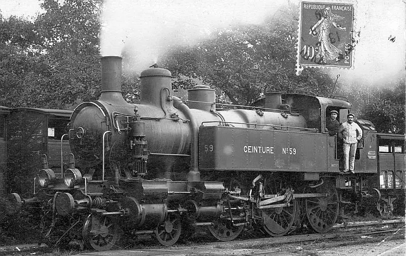 Locomotive n°59 de la Ceinture, avec son mécanicien et son chauffeur 