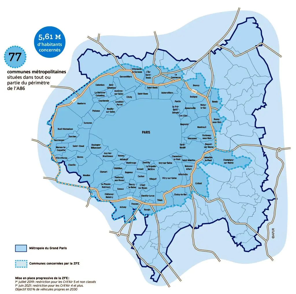 Carte des communes concernées par la Zone à Faibles Emissions en 2022 
