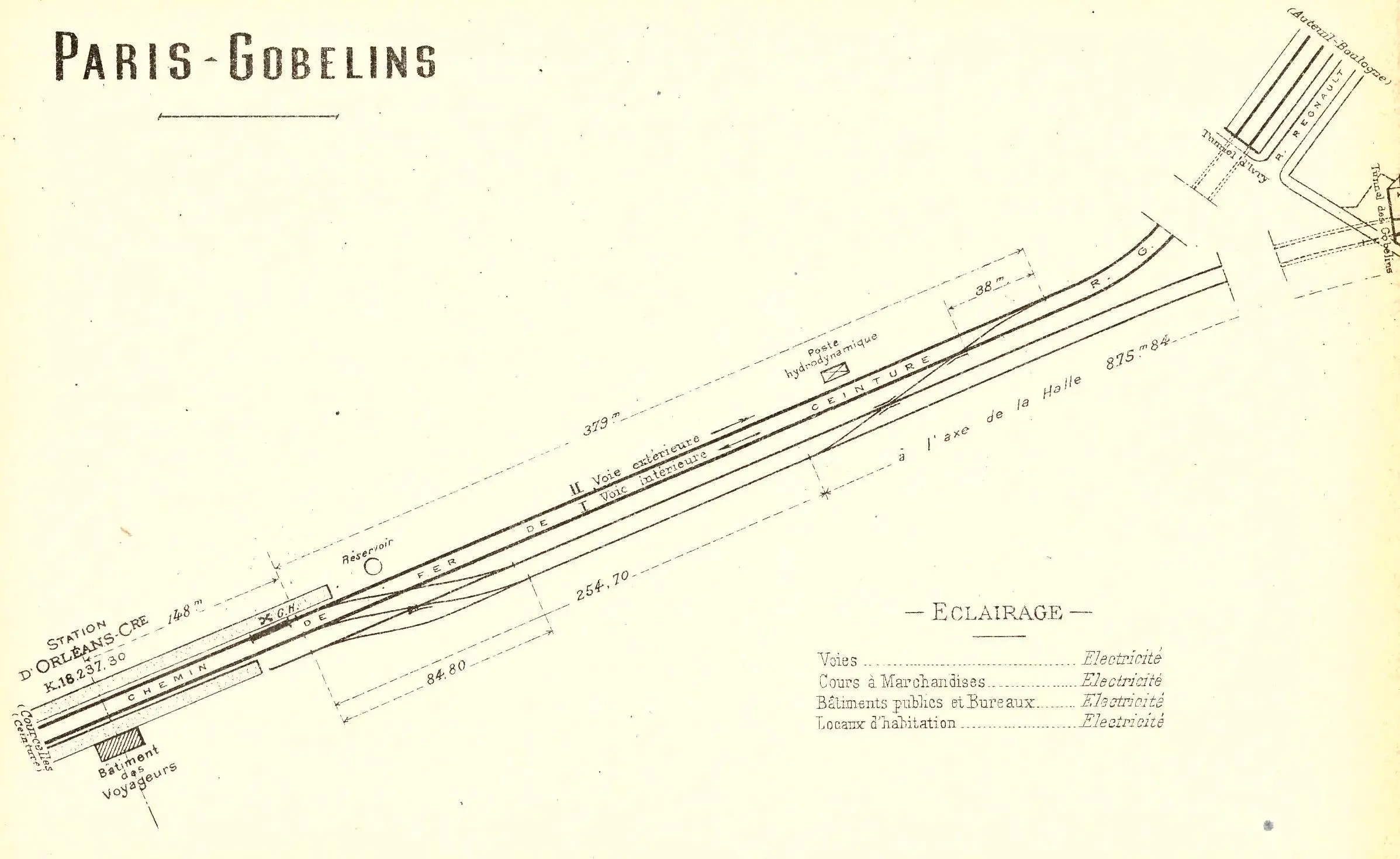 Plan des installations de la station Orléans-Ceinture et de l'embranchement de la gare aux marchandises de Paris-Gobelins 