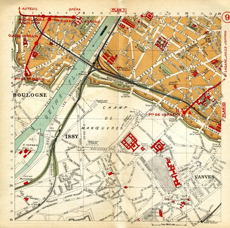 Plan des quartiers traversés par la Petite Ceinture ferroviaire entre les stations Auteuil-Boulogne et de l'Ouest-Ceinture 