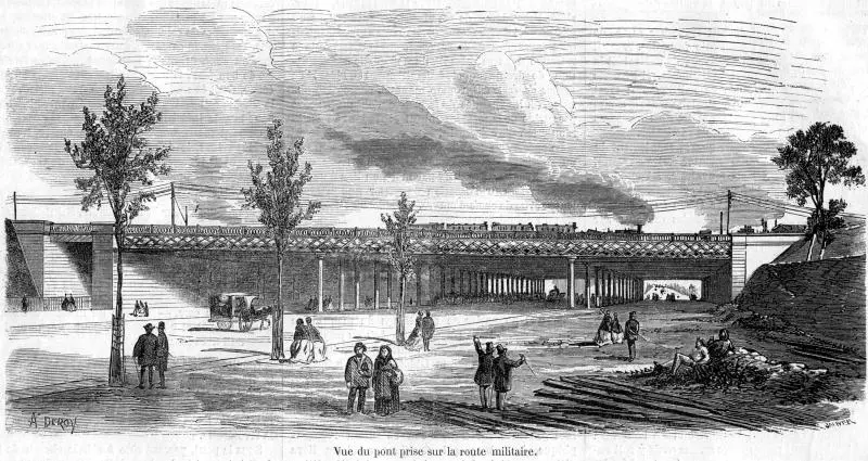 Vue du pont-rail supportant les voies de la gare Saint-Lazare en 1869. 