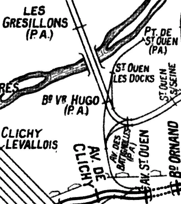 Tracé du raccordement qui reliait la Petite Ceinture aux docks de Saint-Ouen en 1924 