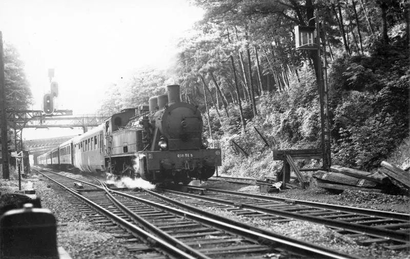 Le Train Bleu (Calais-Méditerranée Express) traverse le parc des Buttes-Chaumont au début des années 1950 