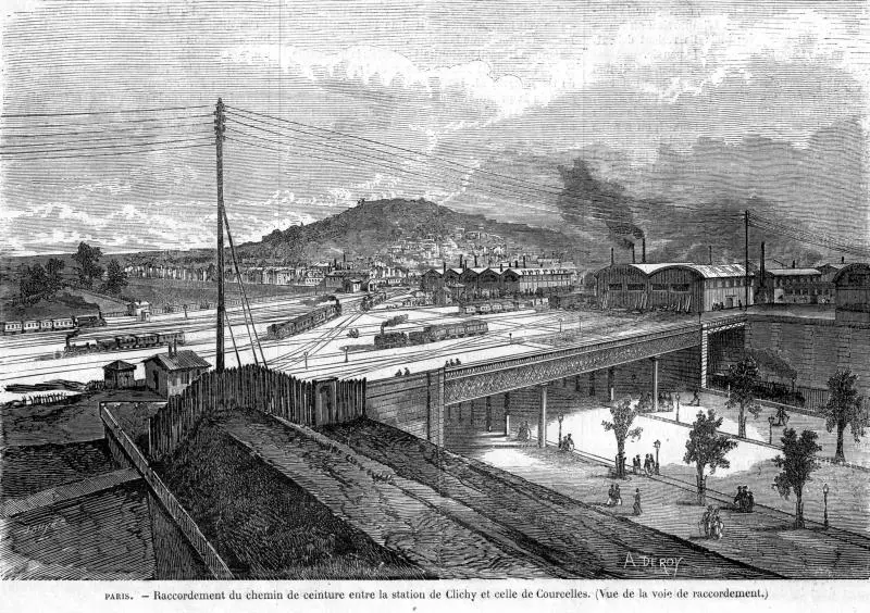 Vue des installations ferroviaires des Batignolles depuis les fortifications en 1869. 